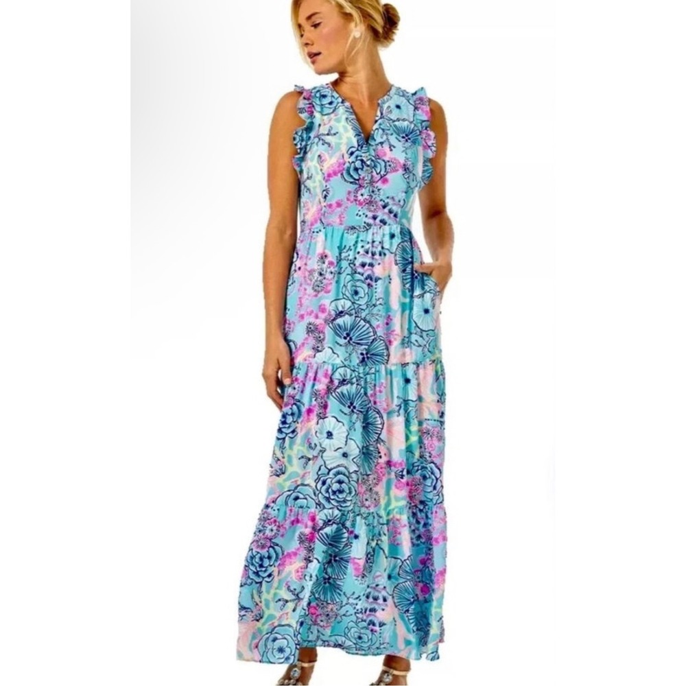Lilly Pulitzer Destini Bali Blue Once Upon A Tide Maxi Dress Size 00